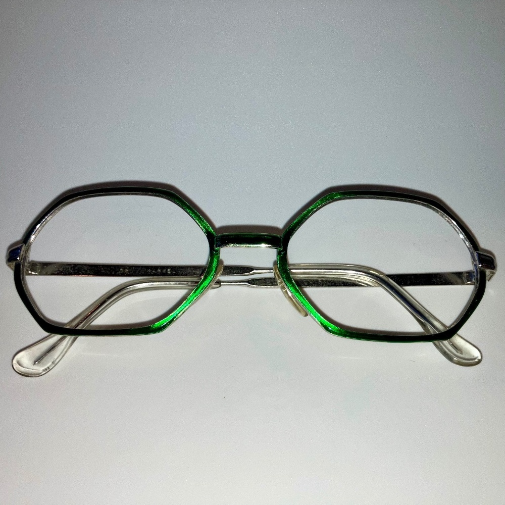 Bright Green Over Silver Vintage Never Worn Octagonal Frame Italy Eyeglasses